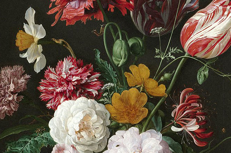 A painting of flowers in a vase on a table.