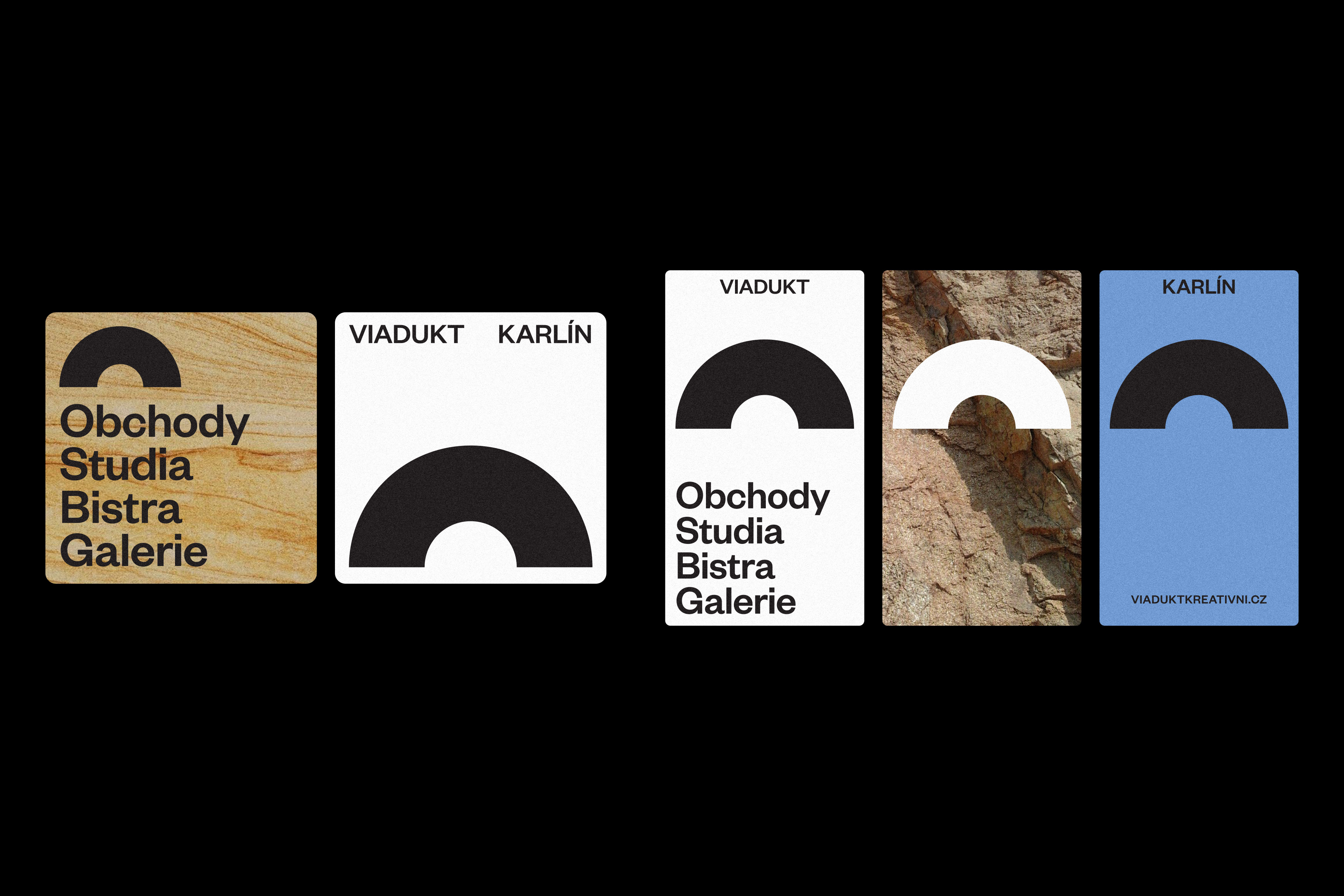 A series of four business cards with different logos.